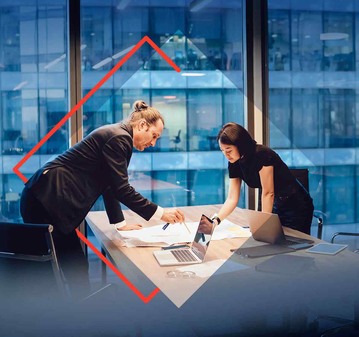 two security system professionals in an office high rise building