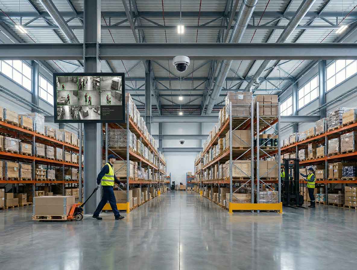 Modern logistics warehouse interior featuring pallet racking, workers, and an advanced AI video security monitoring screen.