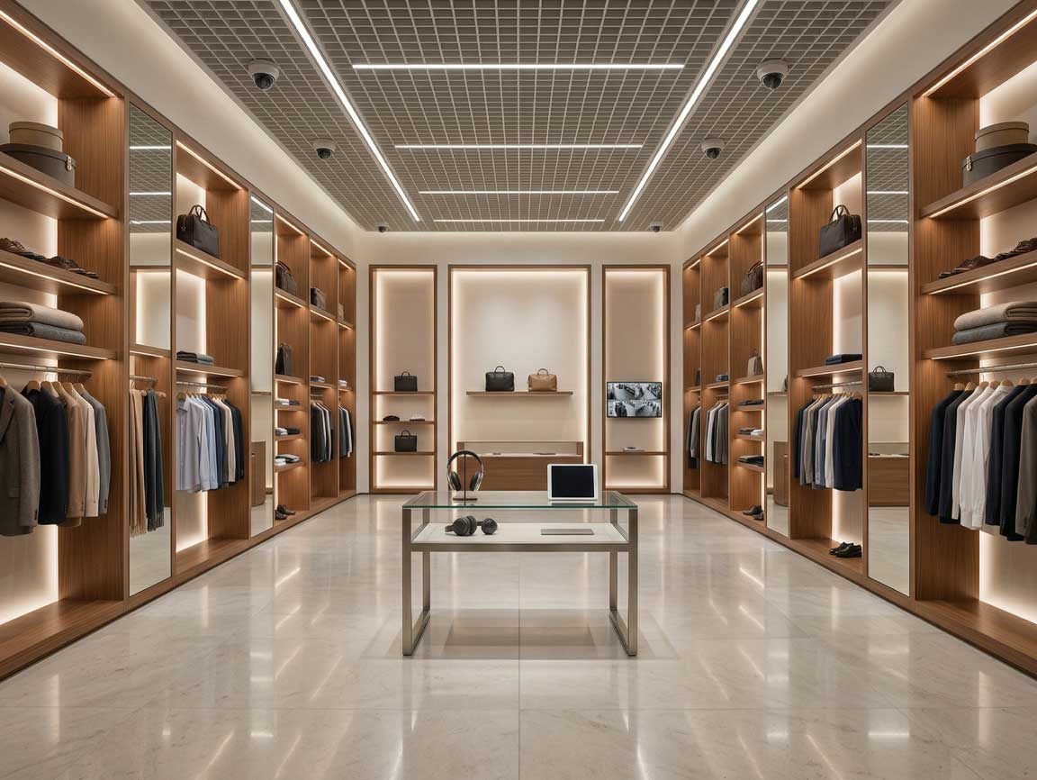 Symmetrical wide-angle view of a luxury retail clothing and accessories store interior, with premium wood cabinetry, polished marble floors, and a multi-screen CCTV monitor displaying multi-camera security feeds on the far wall. Used as a use-case for integrated enterprise CCTV systems in high-value environments.