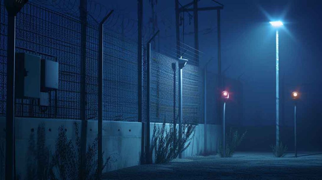 CCTV perimeter security system monitoring fenced commercial property with surveillance cameras